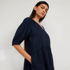 The Linen Oversized Puff-Sleeve Dress | Navy