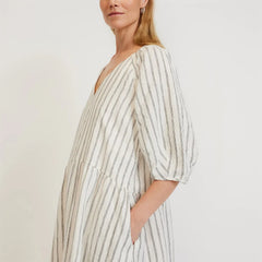 The Linen Oversized Puff-Sleeve Dress | Black / Canvas Tan