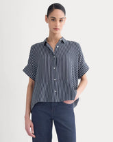The Boxy Shirt in Washable Silk | True Navy / Bone Stripe