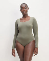 The Long-Sleeve Supima® Square-Neck Bodysuit | Dark Sage | Thong