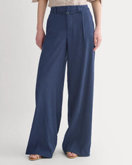 Wide-Leg Belted Pant in Stretch Linen | Navy | Long