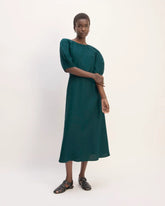The Linen Short-Sleeve Scoop Midi Dress | Dark Sea