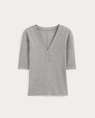 Luxe Rib V-Neck Henley | Heathered Light Grey