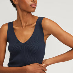 The Ribbed Cotton Double V Top | Navy