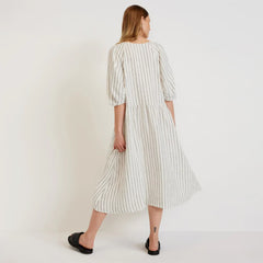 The Linen Oversized Puff-Sleeve Dress | Black / Canvas Tan