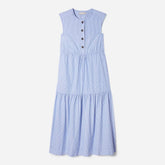 The Tiered Midi Dress | White / Blue Mini Stripe