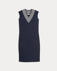 Relaxed V-Neck Midi Sweater Dress in Cotton Merino | Navy