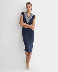Relaxed V-Neck Midi Sweater Dress in Cotton Merino | Navy