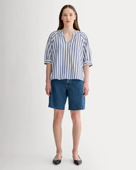 The Gauze Gathered Top | White / Mazarine Blue