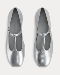 The Leather T-Strap Flat | Silver