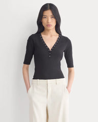 Luxe Rib V-Neck Henley | Black