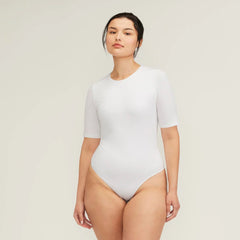 The Short-Sleeve Crew Neck Bodysuit | White | Thong