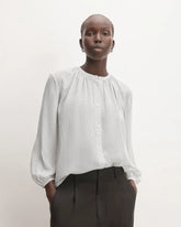 The Washable Clean Silk Shirred Blouse | Bone / Black Polka Dot