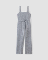 The Linen Side-Button Jumpsuit | White / Blue