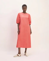 The Short-Sleeve Puff Midi Dress | Coral