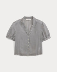 Notch Collar Shirt in Silk Georgette | Gardenia/Black Micro Dot
