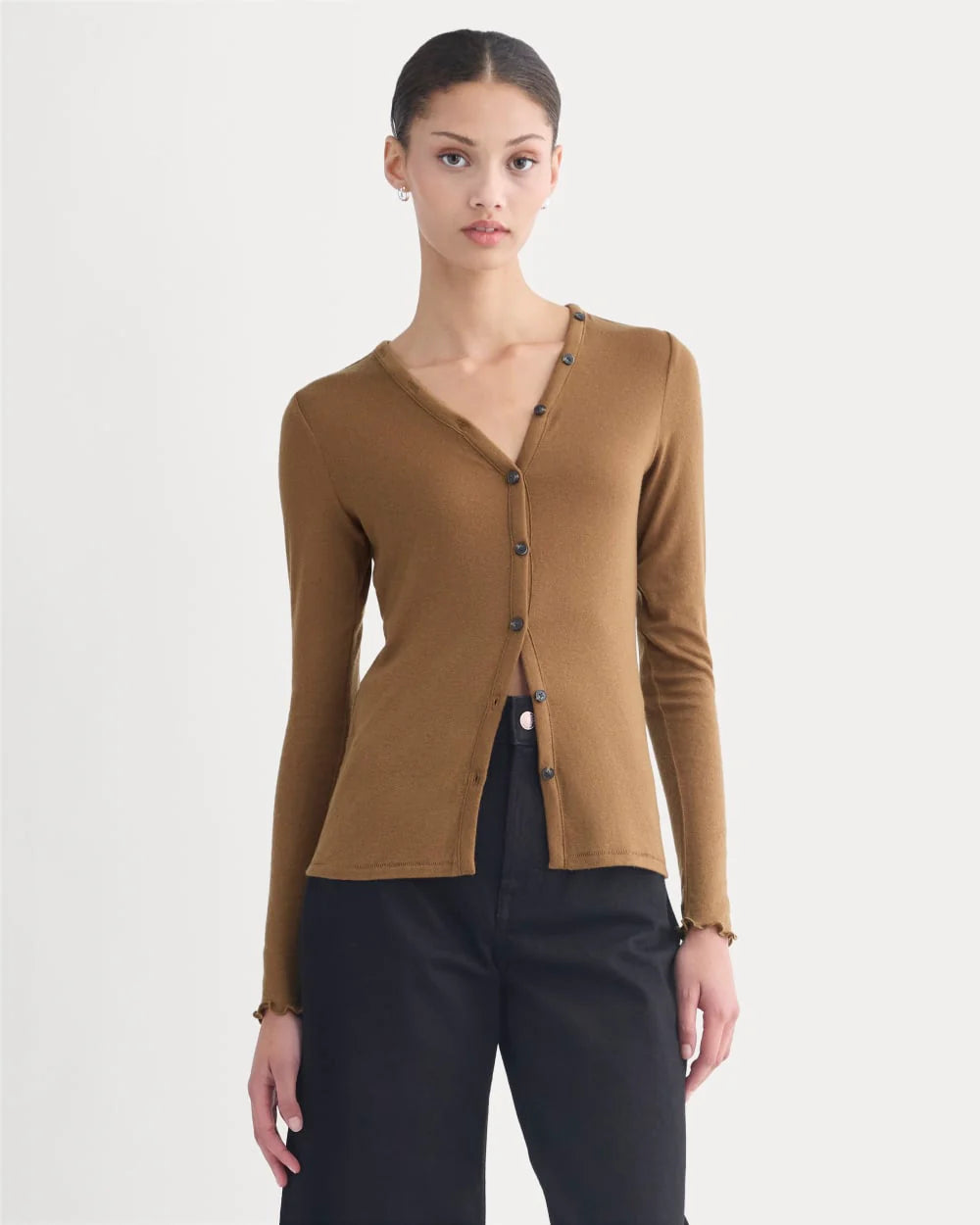 Sheer V-Neck Cardigan in Butterluxe | Toffee