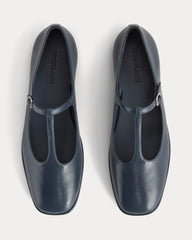 The Leather T-Strap Flat | Navy