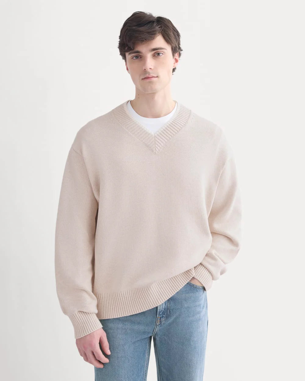 Relaxed V-Neck Sweater in Everyday Cotton | Heathered Oat