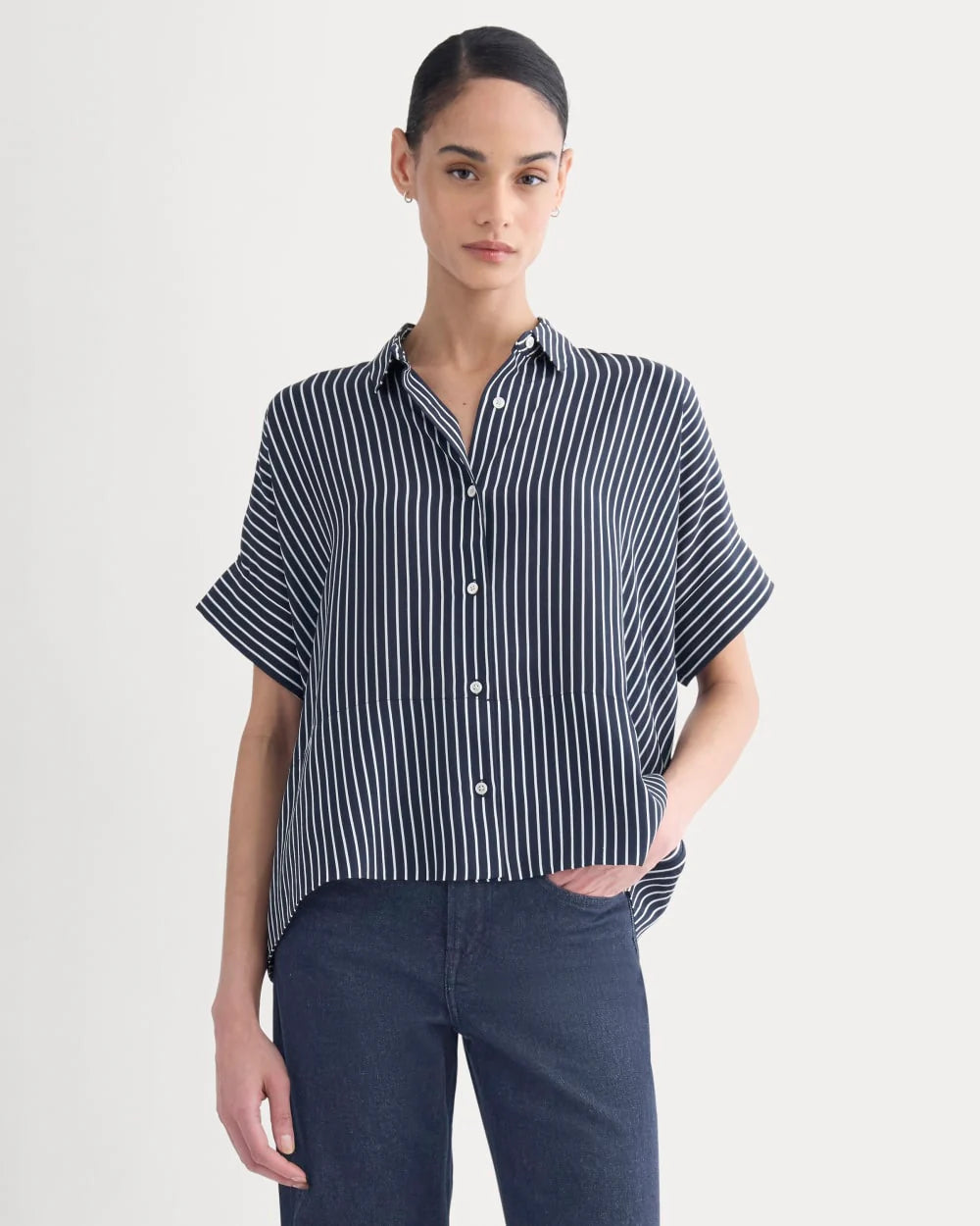 The Boxy Shirt in Washable Silk | True Navy / Bone Stripe