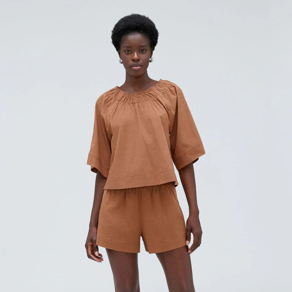 The Seersucker Gathered Tee | Tawny Brown