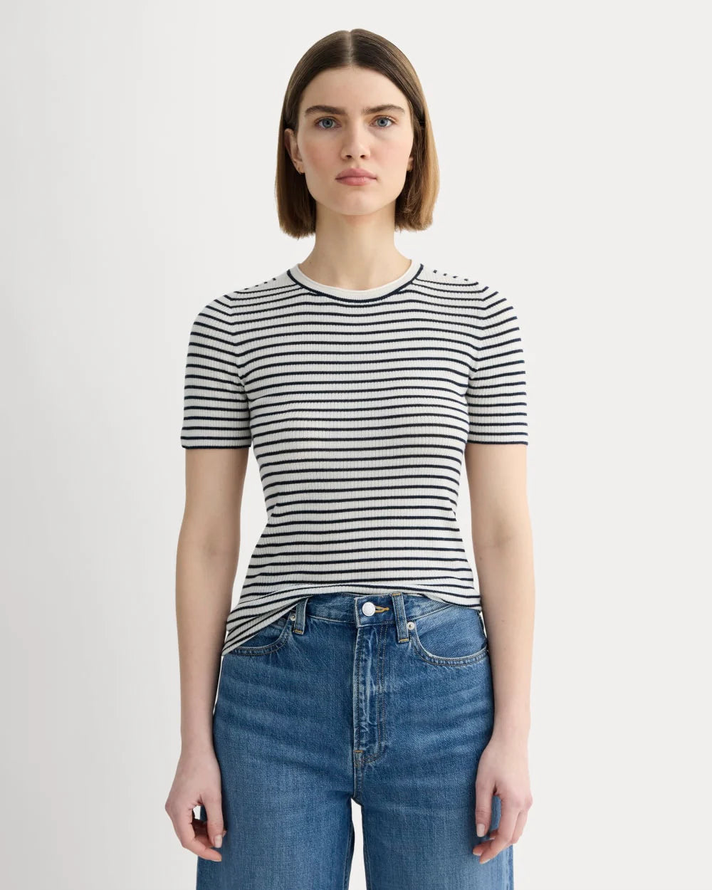 The Sweater Tee in Ultrasoft Merino | Bone/Navy