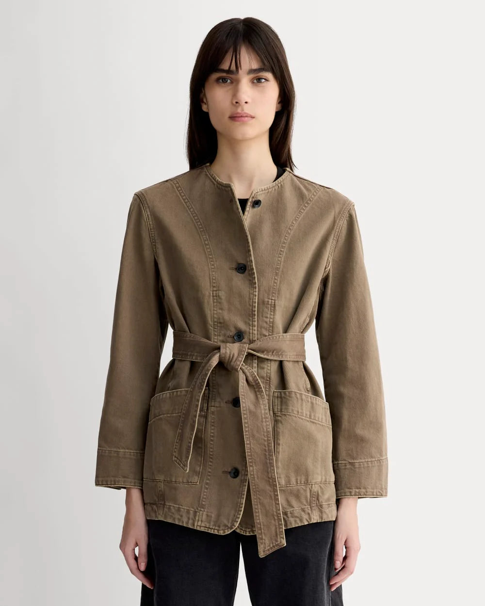 The Long Denim Barrel Jacket | Garment-Dyed Chocolate