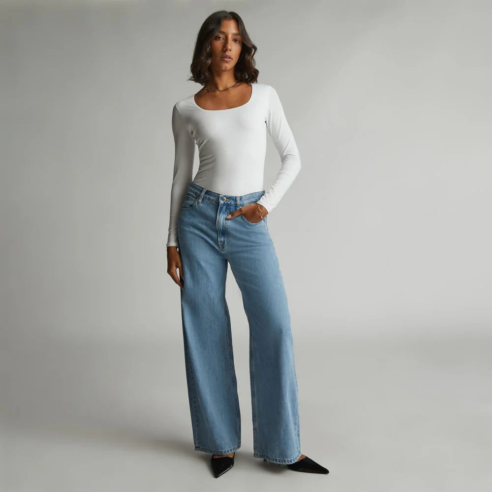 The Long-Sleeve Supima® Square-Neck Bodysuit | White | Thong