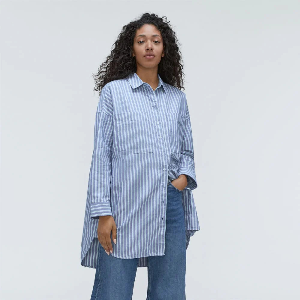 The Way Long Oxford Shirt | Lapis Blue / Bright Jade / Optic White