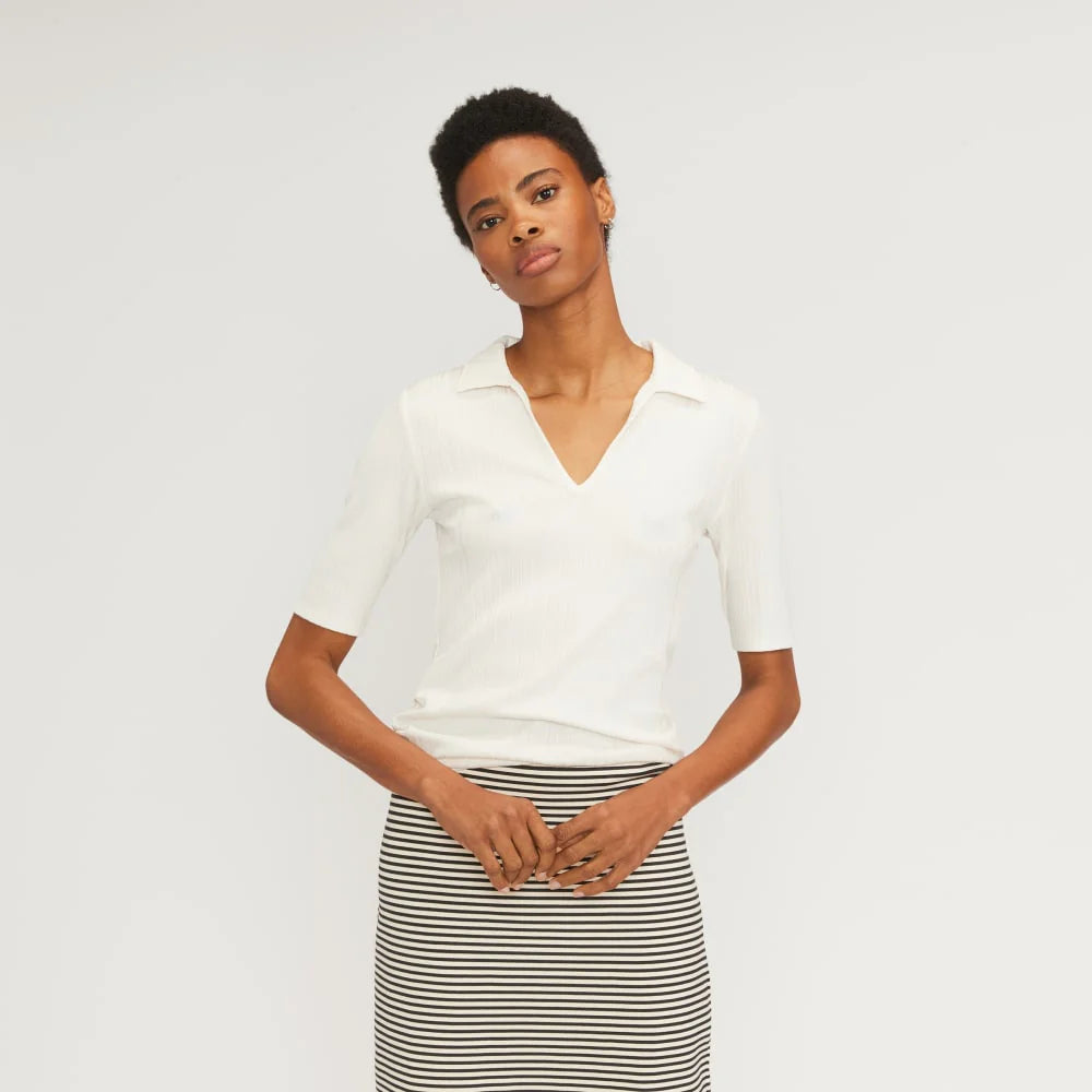 The Rib Soft Knit Open Collar Polo | Bone