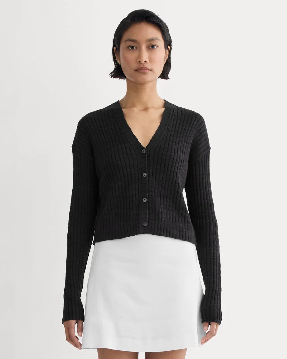 The Ribbed Cardigan in Cotton Linen | Black