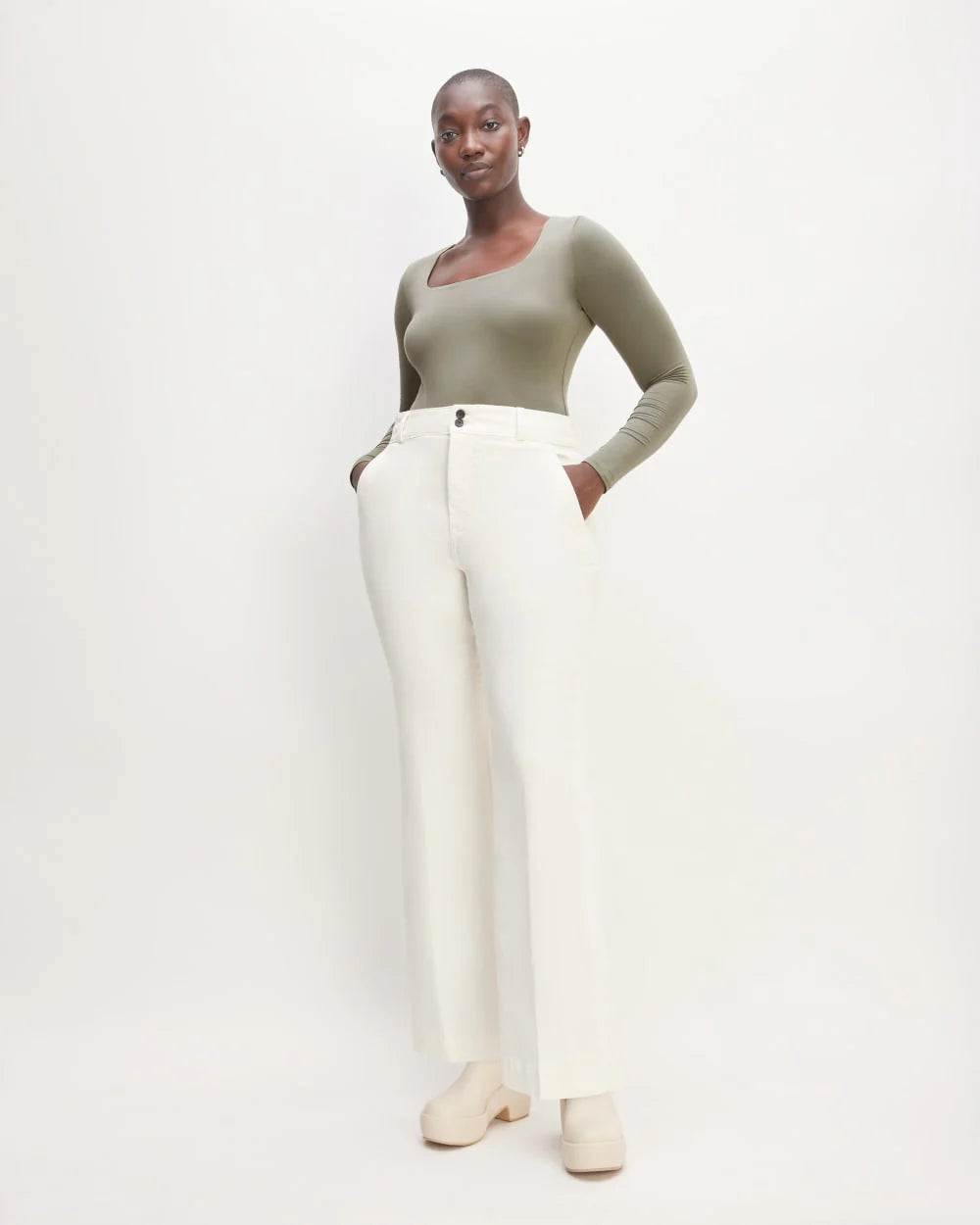The Long-Sleeve Supima® Square-Neck Bodysuit | Dark Sage | Thong