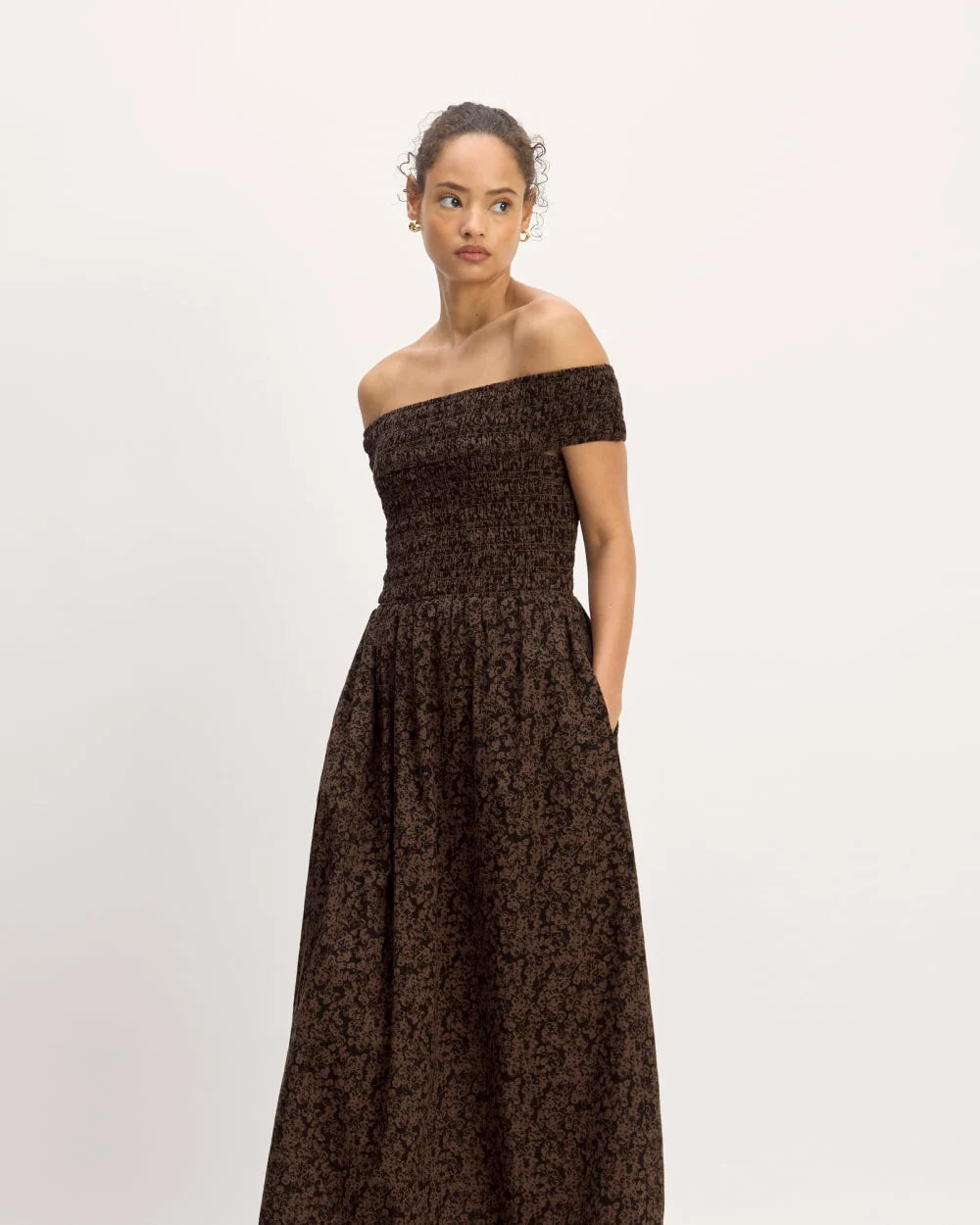 The Gauze Off-the-Shoulder Dress | Black / Cocoa Small Floral
