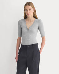 Luxe Rib V-Neck Henley | Heathered Light Grey