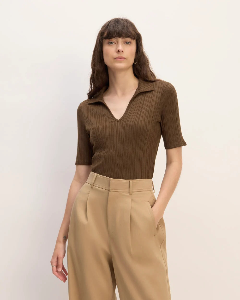 The Rib Soft Knit Open Collar Polo | Cocoa