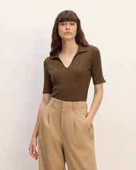 The Rib Soft Knit Open Collar Polo | Cocoa