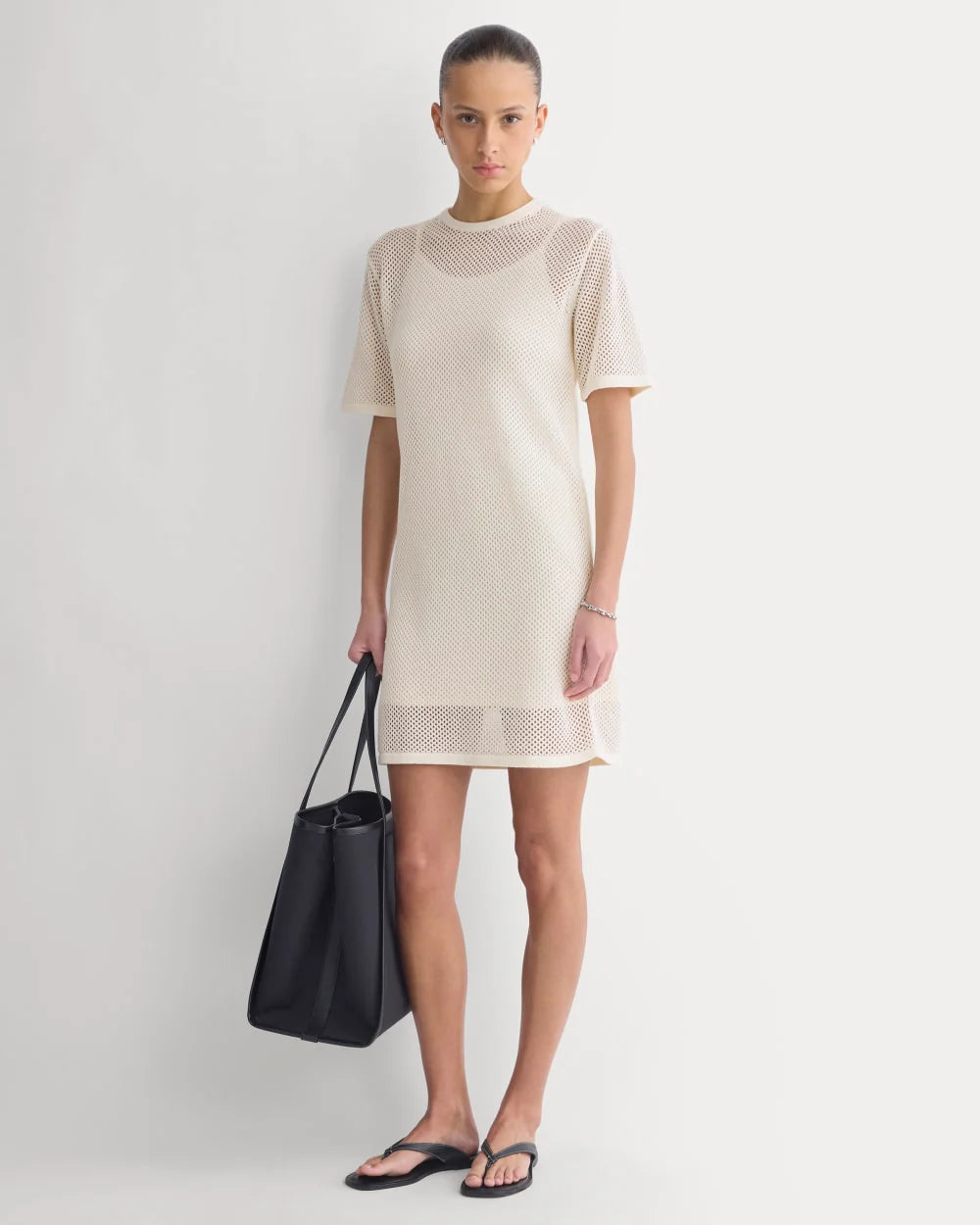 Mesh-Knit Short-Sleeve Dress | Bone