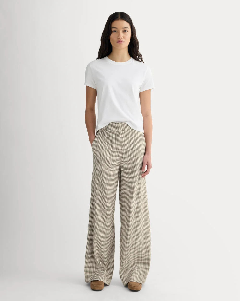 The Wide-Leg Pant in Stretch Linen | Deep Taupe Mini Gingham