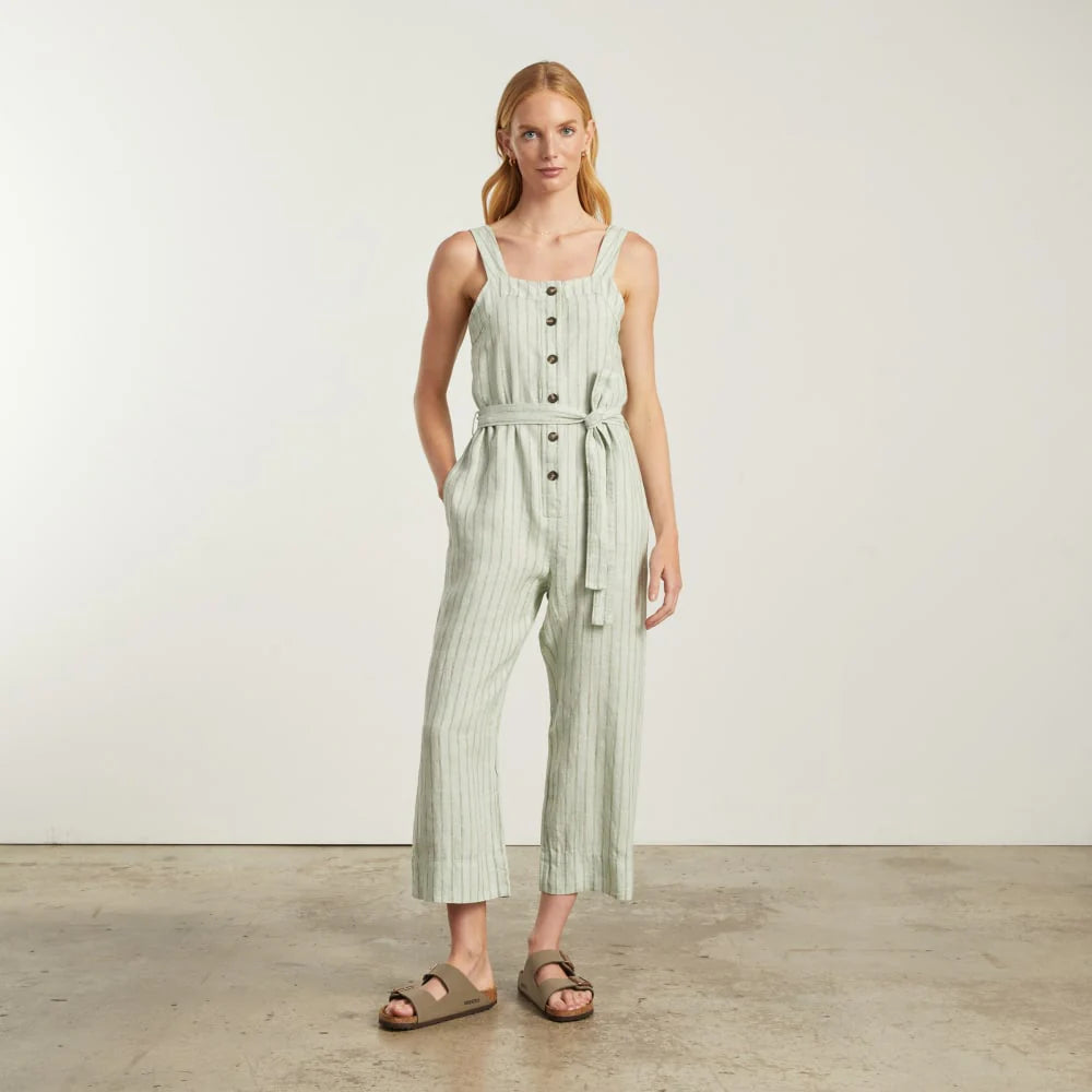 The Linen Jumpsuit | Seafoam Pinstripe
