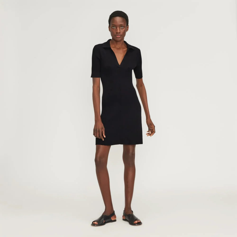 The Ribbed Short-Sleeve Polo Dress | Black