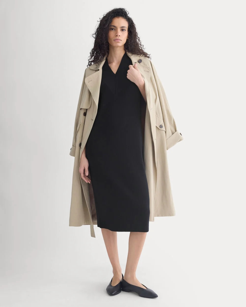Relaxed V-Neck Midi Sweater Dress in Cotton Merino | Black