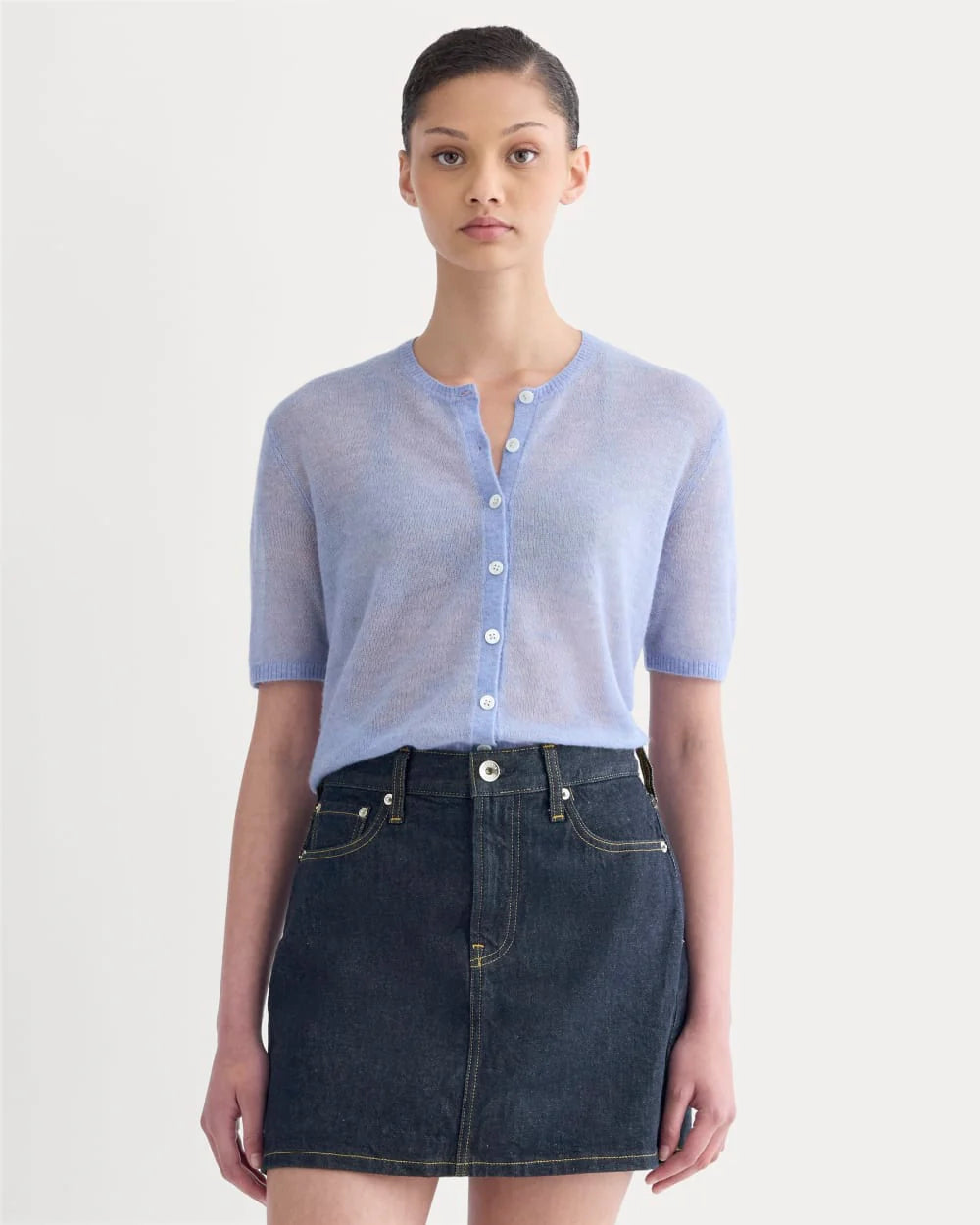 The Air Alpaca™ Short-Sleeve Cardigan | Soft Blue