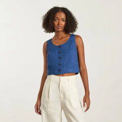 The Linen Button-Front Crop Tank | Deep Blue