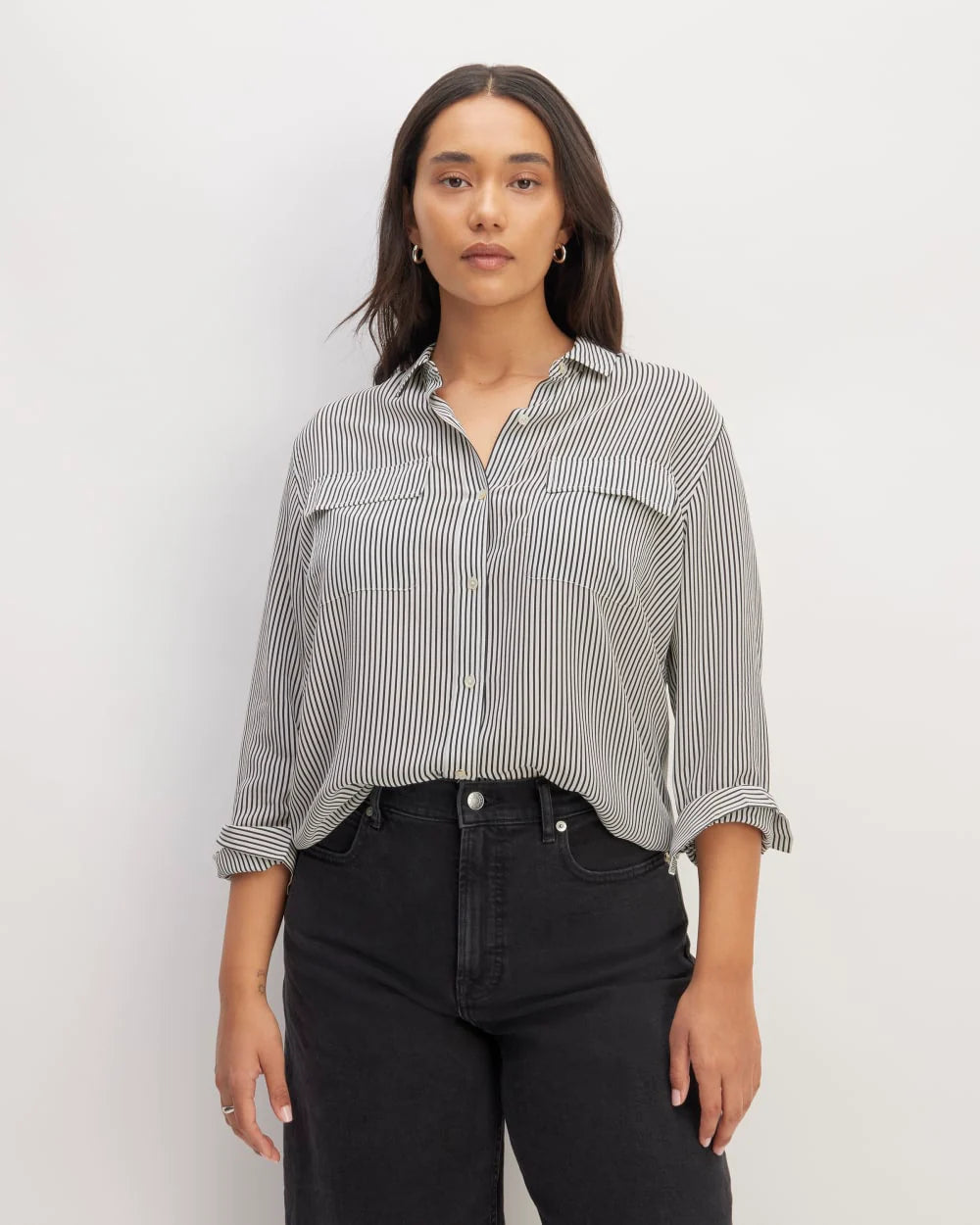 The Utility Shirt in Washable Silk | Black / White