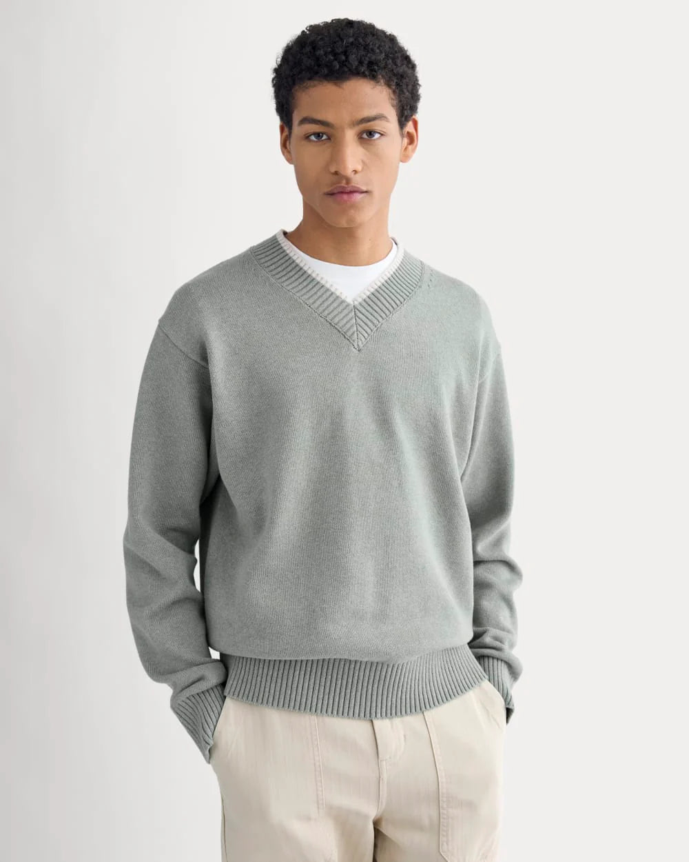 Relaxed V-Neck Sweater in Everyday Cotton | Heathered Lilypad