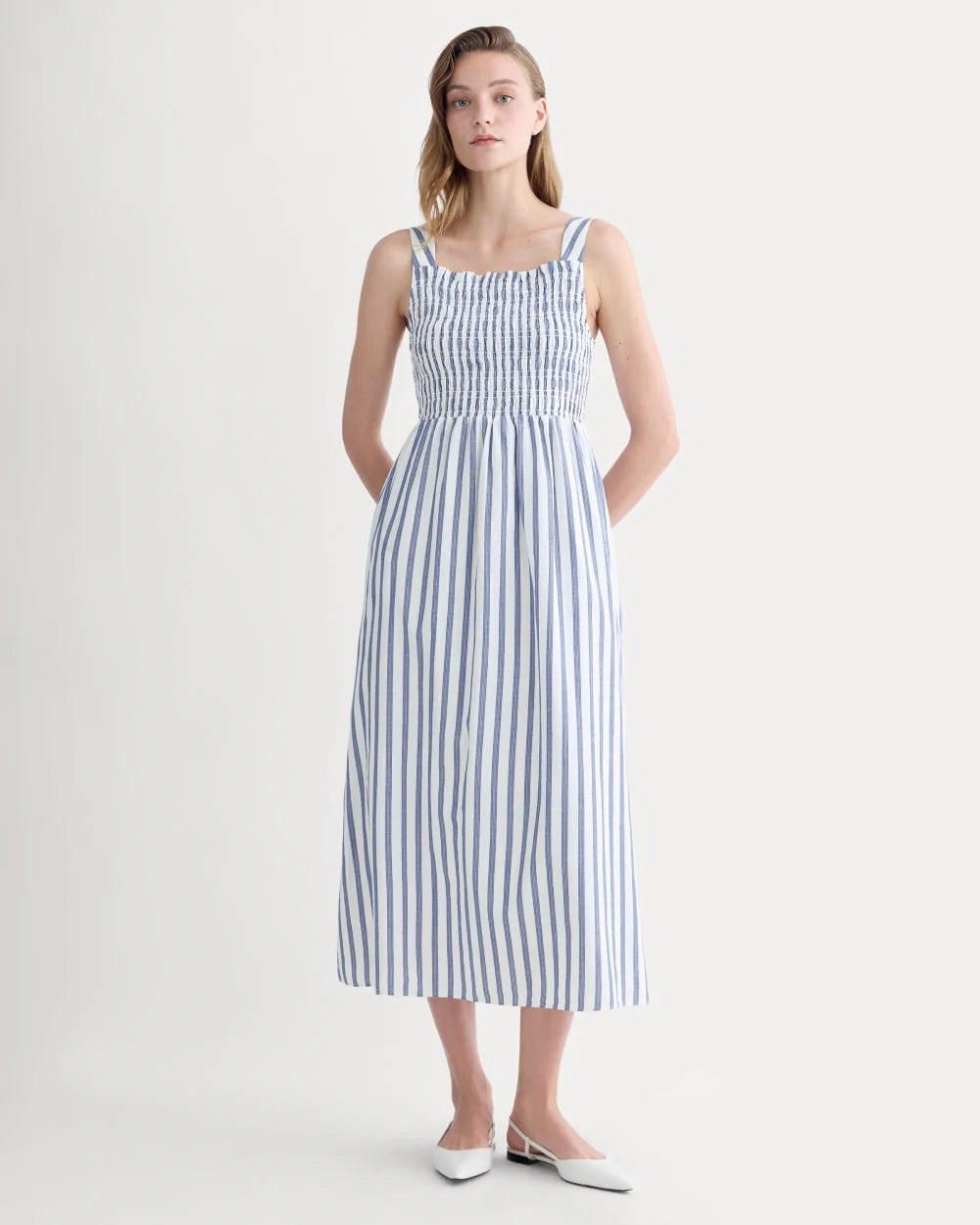 The Gauze Smock Dress | White / Mazarine Blue
