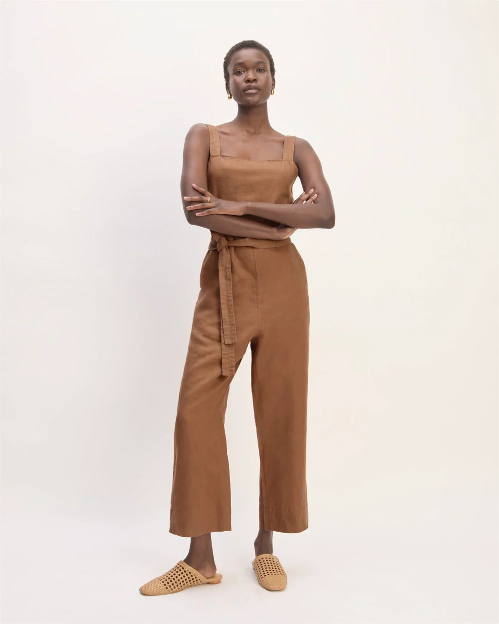 The Linen Side-Button Jumpsuit | Carob Brown