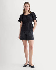 The Flutter-Sleeve Top in Stretch Linen | Black