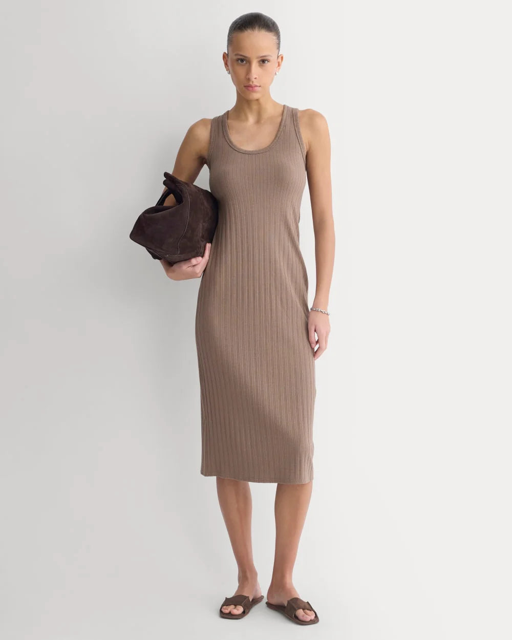 Scoop-Neck Midi Dress in Pointelle Knit | Heathered Chocolate Chip