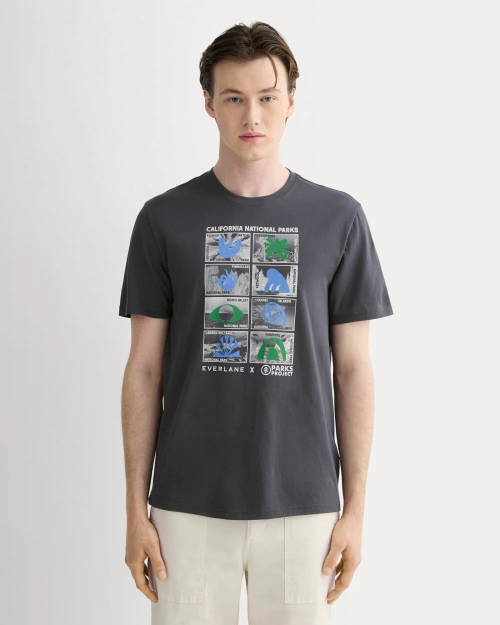 The Everlane x Parks Project Essential Organic Crew | Forged Iron / Natural / Granada Sky Blue / Green